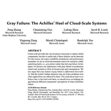Cover Image for Paper Discussion - Gray Failure: The Achilles’ Heel of Cloud-Scale Systems