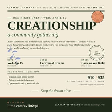Cover Image for The Creationship Launch Party @ Caravan of Dreams