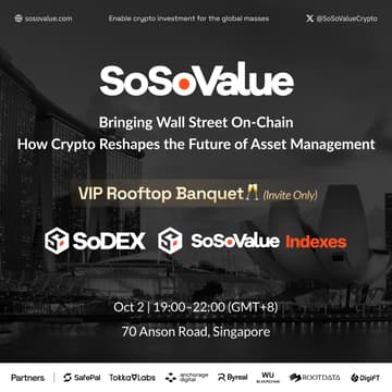 Cover Image for SoSoValue VIP Rooftop Banquet | How Crypto Reshapes the Future of Asset Management 🥂 @TOKEN2049 Singapore (Invite Only)
