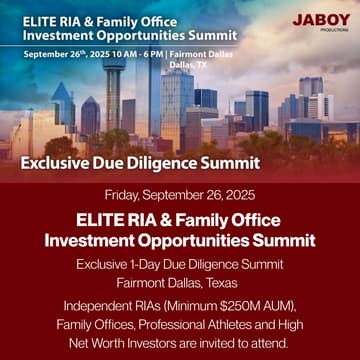 Cover Image for Dallas, Texas - ELITE RIA & Family Office Investment Opportunities Summit for RIA * Family Office * HNWI​ * Accredited Investors