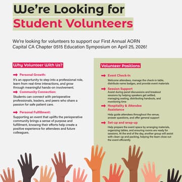 Cover Image for Student Volunteer Invitation * AORN Capital California Chapter 0515 Education Symposium *