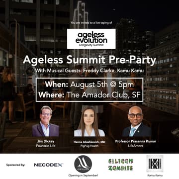 Cover Image for Ageless Summit Pre-Party (ft. Dr. Hanna Aliashkevich, Jim Dickey, Prof. PK - with Freddy Clarke & Kamu Kamu)