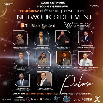 Cover Image for World Token Summit X TheBlock. Fest Exclusive Network Side Event - BitCoin Mondays - at Le Trottoir de Paloma 25 Jump Street by EcoX Network