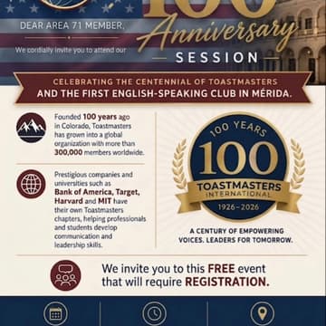 Cover Image for Toastmasters Centennial: 100th Anniversary Session & Mérida English Club