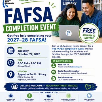 Cover Image for College Goal Wisconsin — Free FAFSA Help at Appleton Public Library