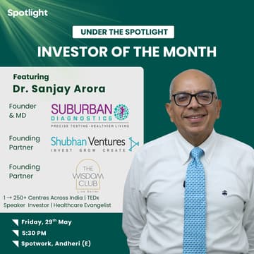 Cover Image for Investor of the Month featuring Dr Sanjay Arora, Founding Partner- Shubhan Ventures, Founder & MD- Suburban Diagnostics