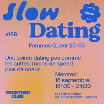 Cover Image for Slow Dating *Québec* #189 (Femmes Queer 25-55) 💙