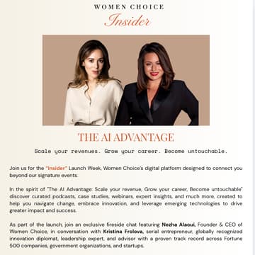 Cover Image for Women Choice Insider Launch Week - The AI Advantage: How Women Leaders Can Gain Back 10 Hours a Week and Accelerate Their Careers