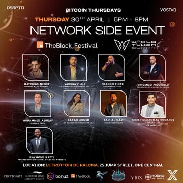Cover Image for World Token Summit X TheBlock. Fest Exclusive Network Side Event - BitCoin Mondays - at Le Trottoir de Paloma 25 Jump Street by EcoX Network