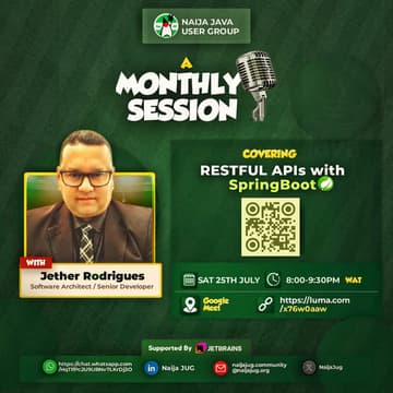 Cover Image for RESTFUL APIs with SpringBoot. Monthly Session with Jether Rodrigues