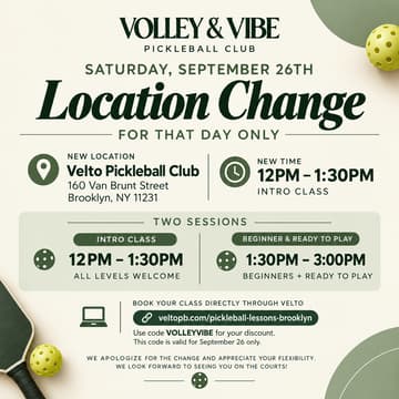 Cover Image for Temp Location Change Velto Pickleball Club