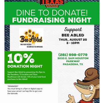 Cover Image for FUNDRAISER FOR BEE ABLED - TEXAS ROADHOUSE: DINE TO DONATE FUNDRAISING NIGHT