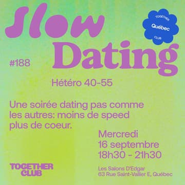 Cover Image for Slow Dating *Québec* #188 (Hétéro 40-55) 💚