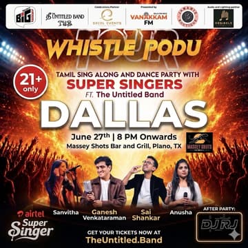 Cover Image for Tamil Sing Along and Dance Party with Super Singers ft. The Untitled Band (TUB) - Whistle Podu Tour - Dallas, TX