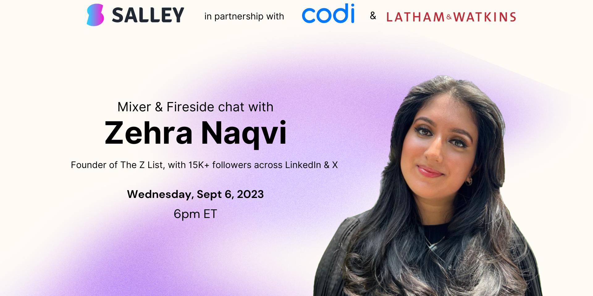 Cover Image for Mixer and fireside chat with Zehra Naqvi