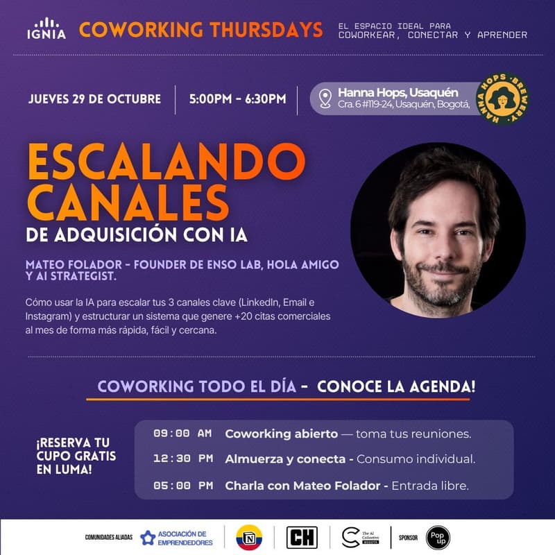 Cover Image for Coworking Thursdays - Escala tus canales de venta con IA! by Mateo Folador