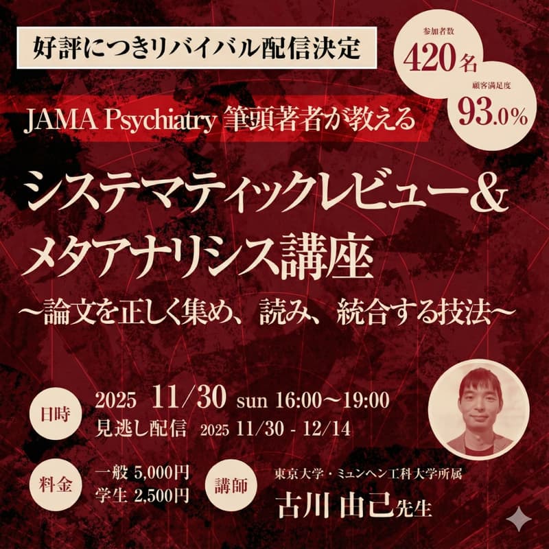 Cover Image for 【リバイバル配信】【JAMA Psychiatry筆頭著者が教える】 システマティックレビュー＆メタアナリシス入門 ～論文を正しく集め、読み、統合する技法～