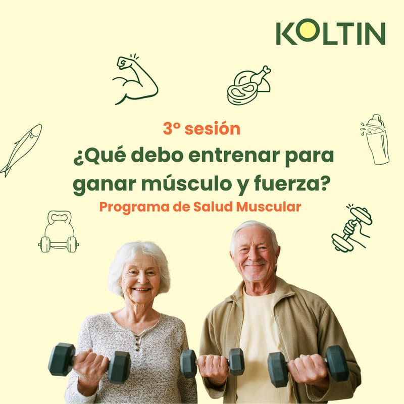 Cover Image for 3° sesión virtual ¿Qué ejercicio físico debo hacer para ganar músculo y estar más fuerte? 💪 Koltin