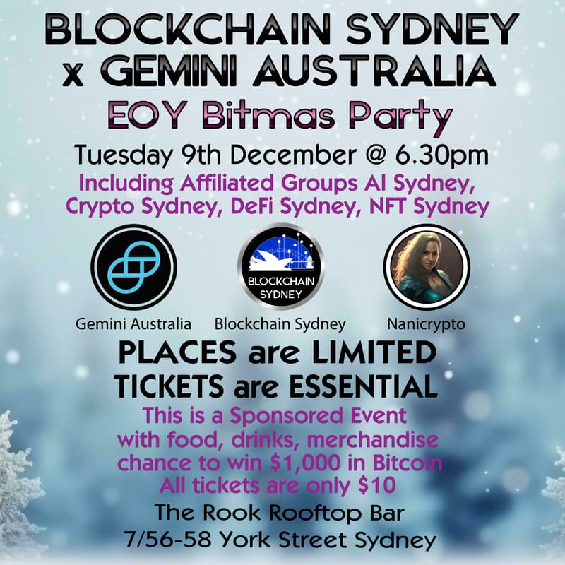 Cover Image for Blockchain Sydney x Gemini 2025 EOY Bitmas Party!!!! CHANCE TO WIN $1,000 IN BITCOIN