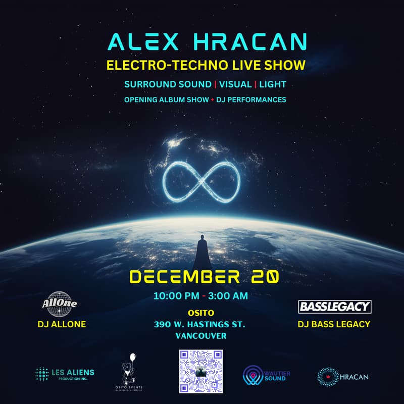 Cover Image for Electro-Techno Live Show by Alex Hracan + DJ Performances (DJ Bass Legacy & DJ AllOne)