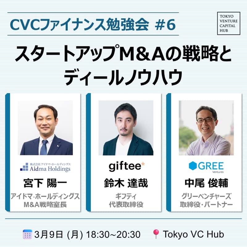 Cover Image for CVCファイナンス勉強会 #6「スタートアップM&Aの戦略とディールノウハウ」