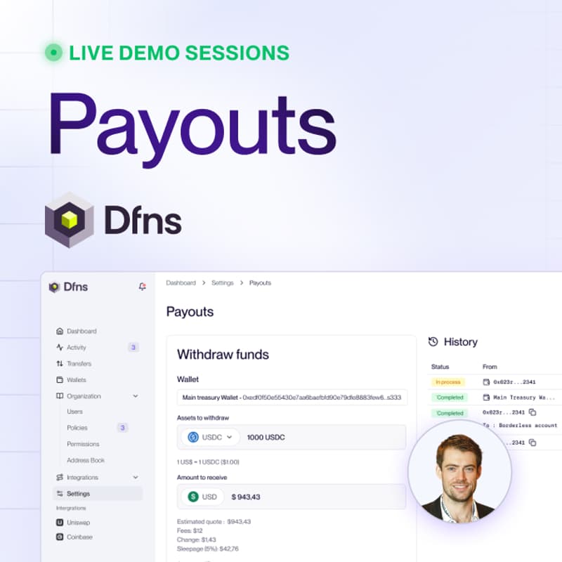 Cover Image for Dfns Payouts: Live Demo — Stablecoins to Bank Accounts in 94 Countries
