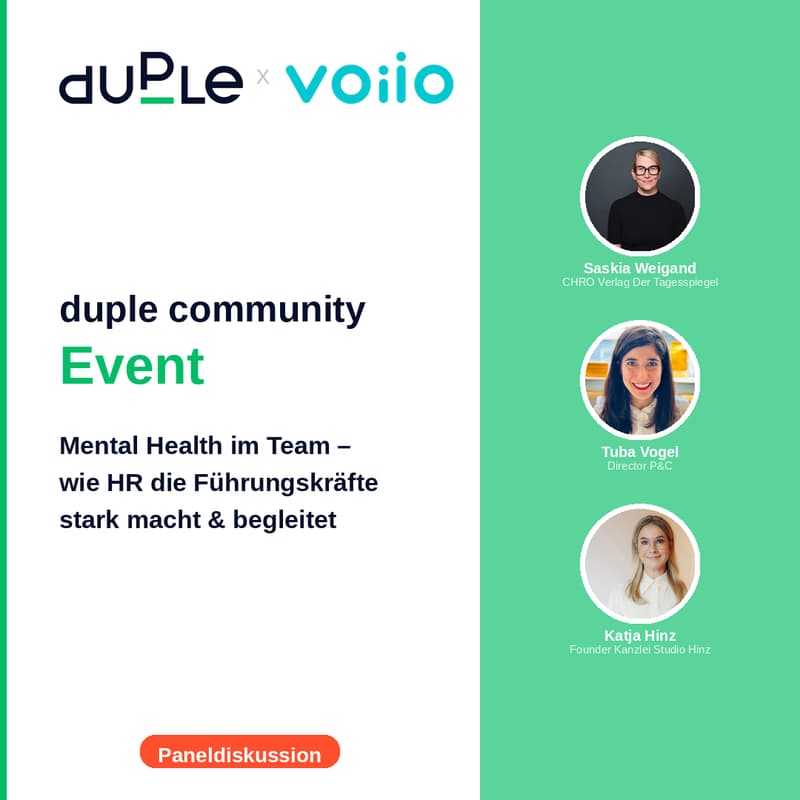 Cover Image for duple community Event: Mental Health im Team - wie HR die Führungskräfte stark macht & begleitet. (Paneldiskussion, hosted by voiio)