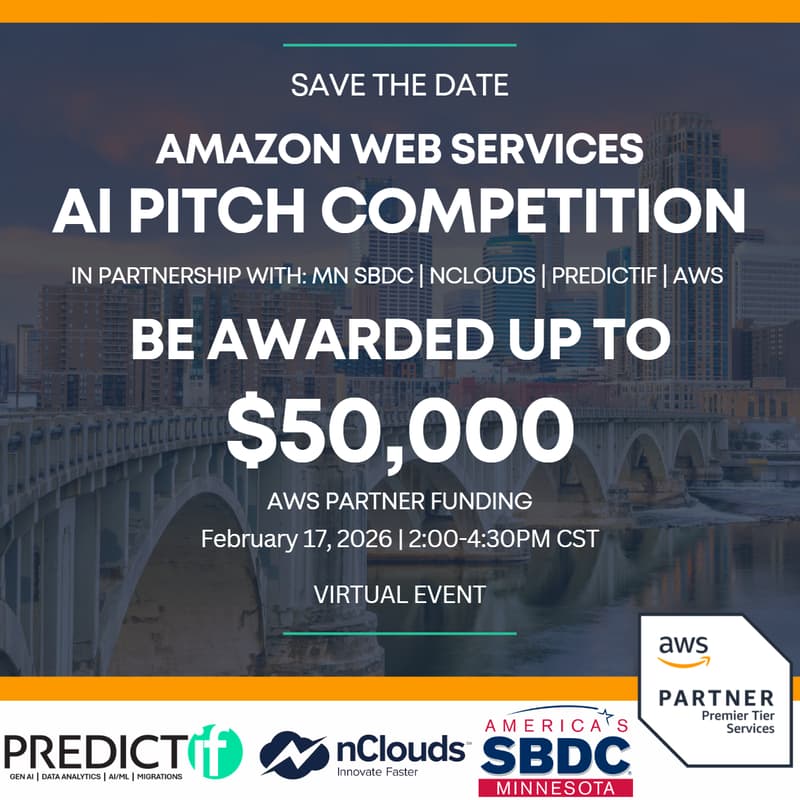 Cover Image for Amazon Web Services AI Pitch Competition in partnership w MN SBDC | PREDICTif | AWS