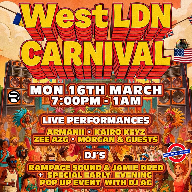 Cover Image for SXSW: West LDN Carnival @ UK House | DBT, Kolt AI & Happaning 🇬🇧🥤🇯🇲🍗🇬🇾🎤🇧🇧💃🇹🇹🤳🏽🇱🇨🕺🏼🇩🇴🎁🇻🇨📺