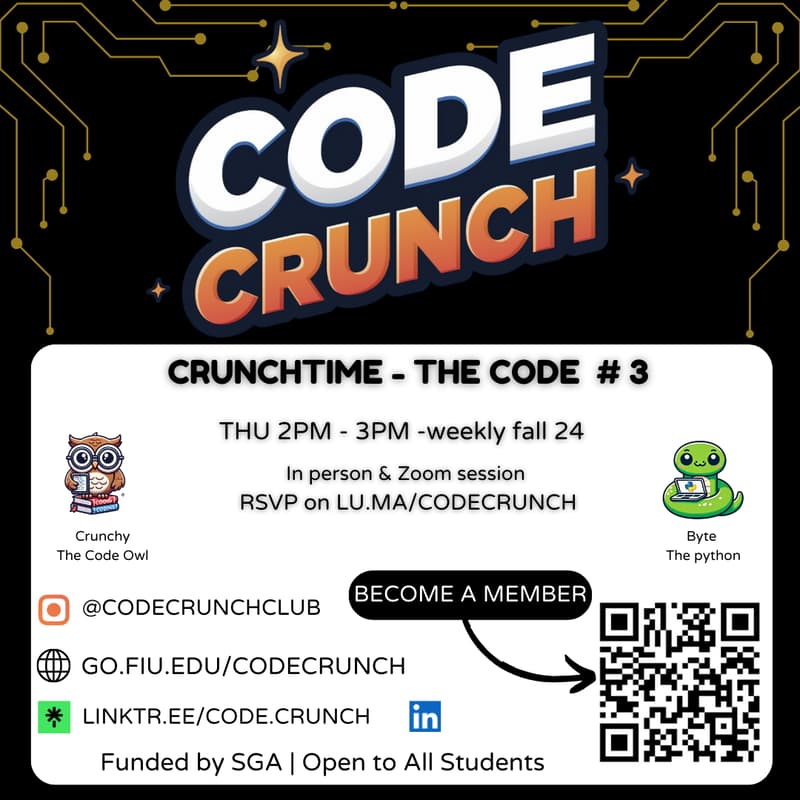 Cover Image for 💻 CrunchTime LeetCode #3 |TAMIAMI HALL ROOM 107 (In-person event, also streaming on Zoom)