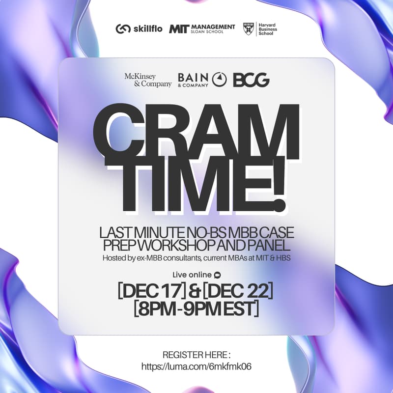 Cover Image for Cram Time (Session 1): No-BS Case Prep Essentials Workshop and Panel with ex-MBB Partner & Consultants by Skillflo.ai