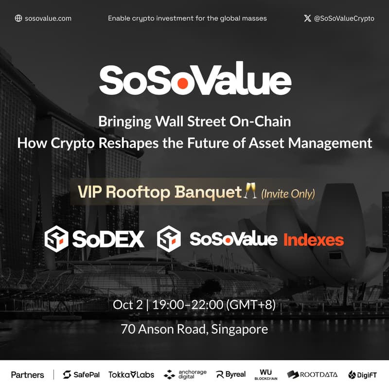 Cover Image for SoSoValue VIP Rooftop Banquet | How Crypto Reshapes the Future of Asset Management 🥂 @TOKEN2049 Singapore (Invite Only)