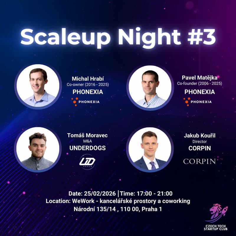 Cover Image for Scaleup Night #3 - Exits all around: 1) SaaS Exit z pekla, 2) Phonexia- Exit story bez steroidů, 3) Market update - valuace, 4) Kouzelník