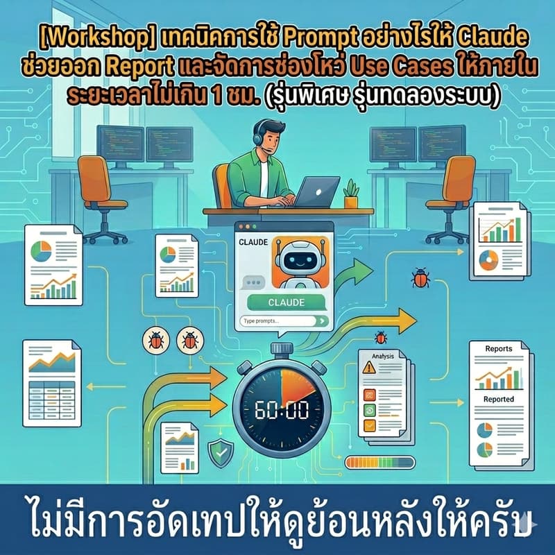 Cover Image for [Workshop] เทคนิคการใช้ Prompt อย่างไรให้ Claude ช่วยออก Report และจัดการช่องโหว่ Uase Cases ให้ภายใน 1 ชม.  (รุ่นพิเศษ รุ่นทดลองระบบ)
