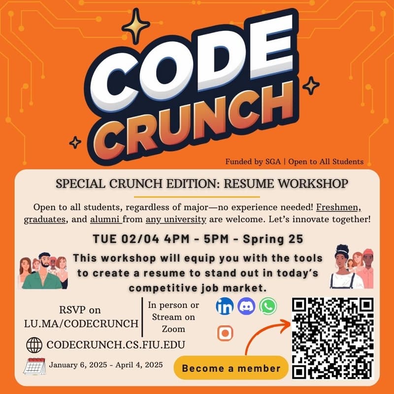 Cover Image for SPECIAL CRUNCH EDITION: RESUME WORKSHOP - HYBRID EVENT | SPRING 2025 | Open to All University Students! 🚀 (GC 316)