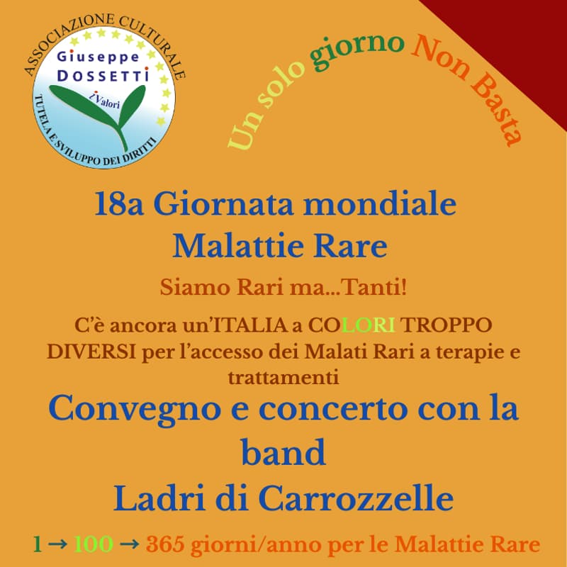 Cover Image for 18a Giornata mondiale Malattie Rare A seguire Concerto LADRI DI CARROZZELLE 25 febbraio 2026 ore 10.30 Sala della Protomoteca, Campidoglio