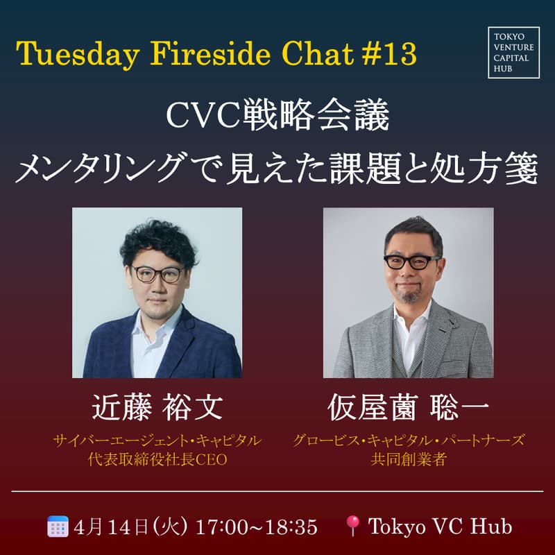 Cover Image for Tuesday Fireside Chat #13 「CVC戦略会議ーメンタリングで見えた課題と処方箋」