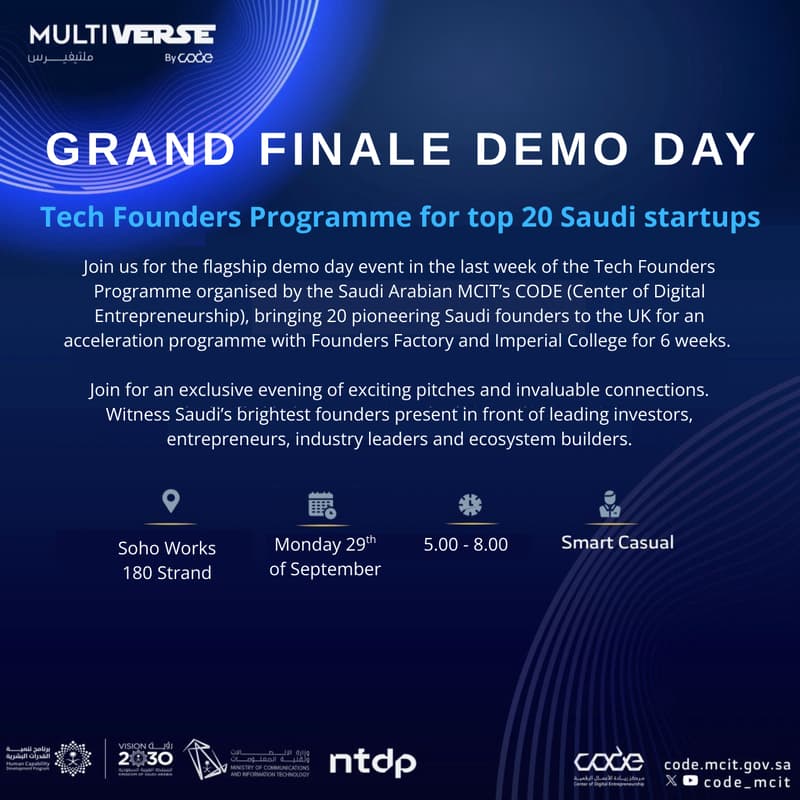 Cover Image for GRAND FINALE DEMO DAY: Tech Founders Programme for top 20 Saudi Startups