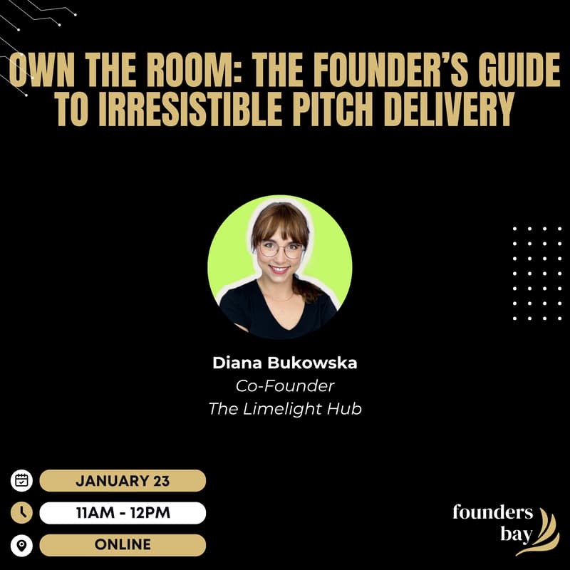Cover Image for Founders Bay Virtual Workshop: Own the Room: The Founder’s Guide to Irresistible Pitch Delivery