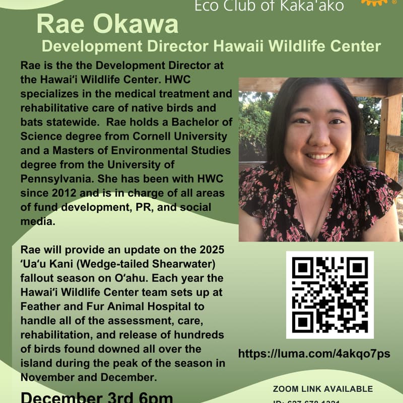 Cover Image for ECO Rotary Speaker Series: Rae Okawa with Hawaii Wildlife Center