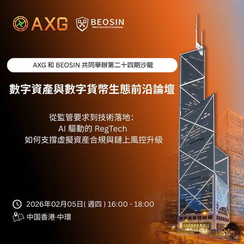 Cover Image for AXG × Beosin ｜香港沙龍系列（二十四）「從監管要求到技術落地：AI 驅動的 RegTech 如何支撐虛擬資産合規與鏈上風控升級」