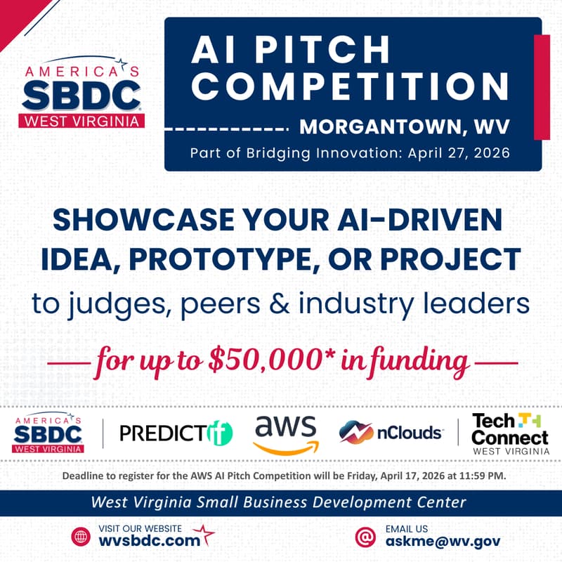 Cover Image for Amazon Web Services AI Pitch Competition in partnership w West Virginia SBDC | Tech Connect West Virginia | PREDICTif | nClouds | AWS