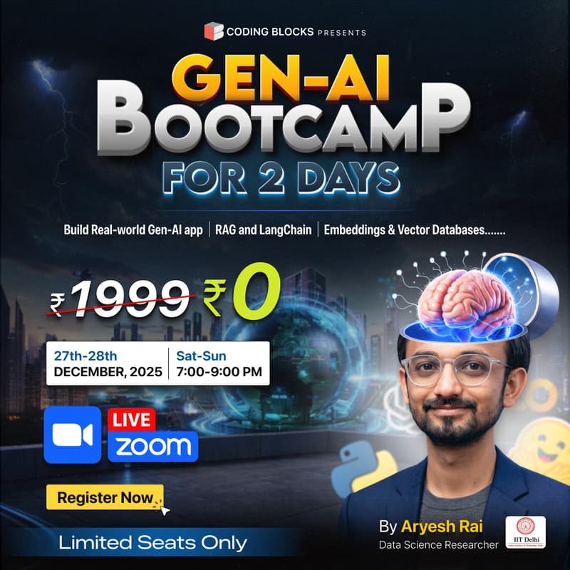 Cover Image for FREE 2-Day Live GenAI Bootcamp: Build “Chat with Any YouTube Video” using RAG & LangChain | Ft. Aryesh Rai, IIT Delhi