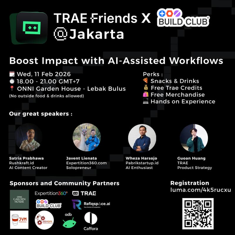 Cover Image for Trae Friends @ Jakarta x Buildclub.ai Meetup (Boost Impact with AI-Assisted Workflows)