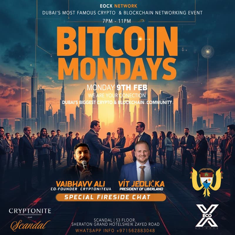 Cover Image for BITCOIN MONDAYS - BLOCKCHAIN NETWORK EVENT   - BY ECOX - LETS TALK AND CONNECT - Special Guest-  Vít Jedlička  - President of Liberland