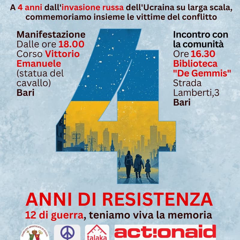 Cover Image for Quattro anni dall'invasione dell'Ucraina - Commemorazione a Bari