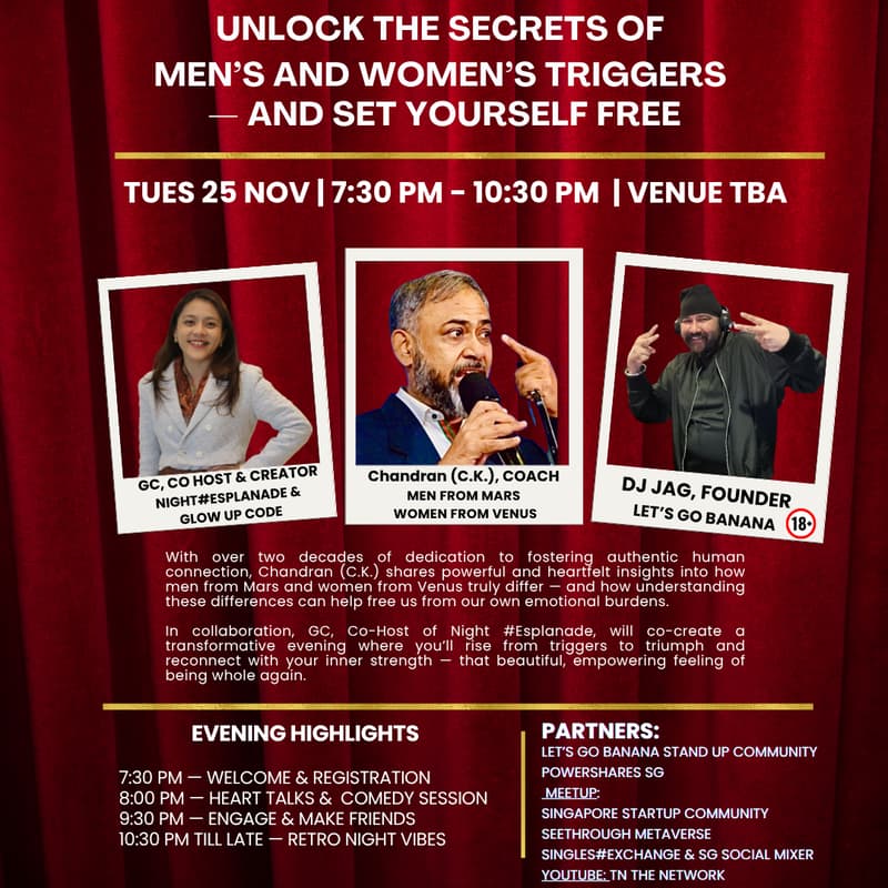 Cover Image for Decoding MARS & VENUS: Unlock the Secrets of Men’s and Women’s Triggers  — and Set Yourself Free & Stand-Up Comedy Night