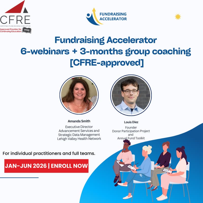 Cover Image for Fundraising Accelerator (6-webinars + 3-months group coaching) [CFRE-approved]