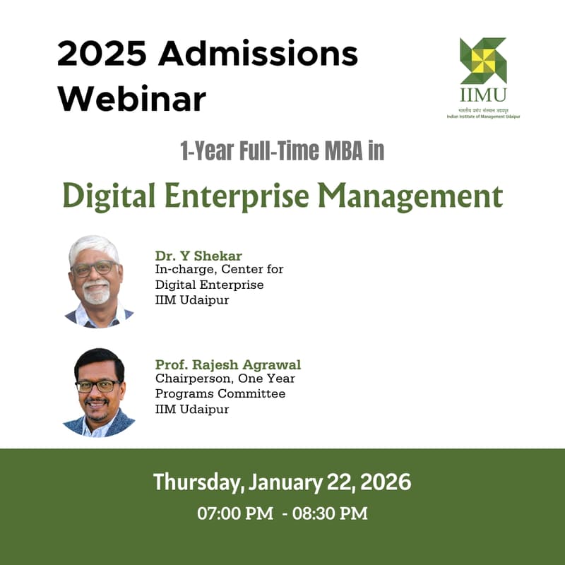 Cover Image for Exclusive Webinar: Lead the Digital Future with IIM Udaipur’s One-Year MBA (DEM)