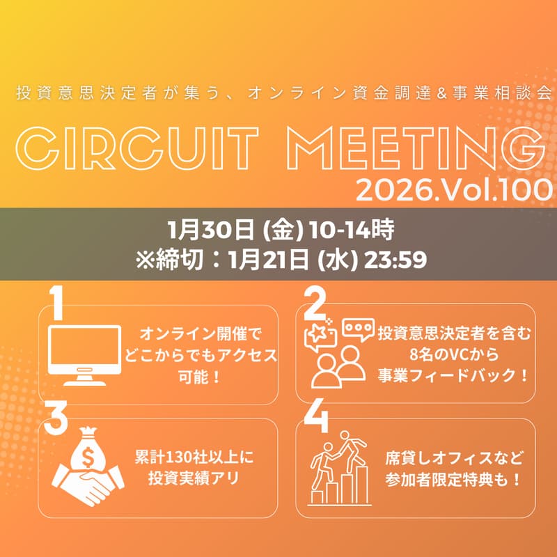 Cover Image for 1/21締切_Circuit Meeting Vol.100【オンライン資金調達&事業相談会】